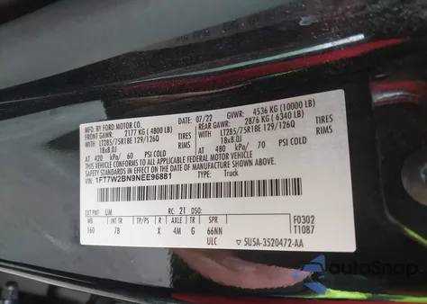 2022 Ford F-250 Platinum from USA, damaged, VIN 1FT7W2BN9NEE96881